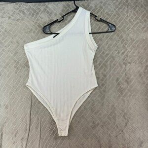 Boohoo Womens 8 One Piece Bodysuit White Ribbed Asymmetrical Sleeve